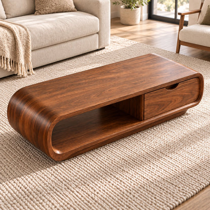 Coffee Table with Storage Drawer and Rounded Natural Solid Wood Base - Woodenecho - 4