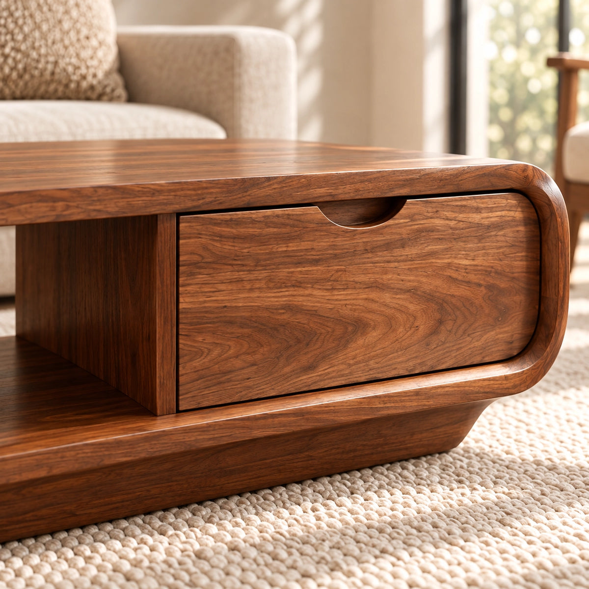 Coffee Table with Storage Drawer and Rounded Natural Solid Wood Base - Woodenecho - 5