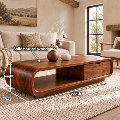 Coffee Table with Storage Drawer and Rounded Natural Solid Wood Base - Woodenecho - 6
