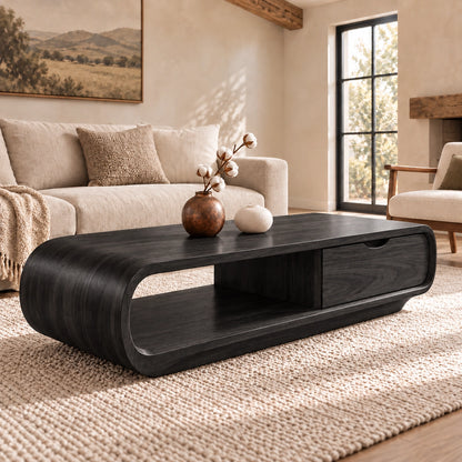 Coffee Table with Storage Drawer and Rounded Natural Solid Wood Base - Woodenecho - 7