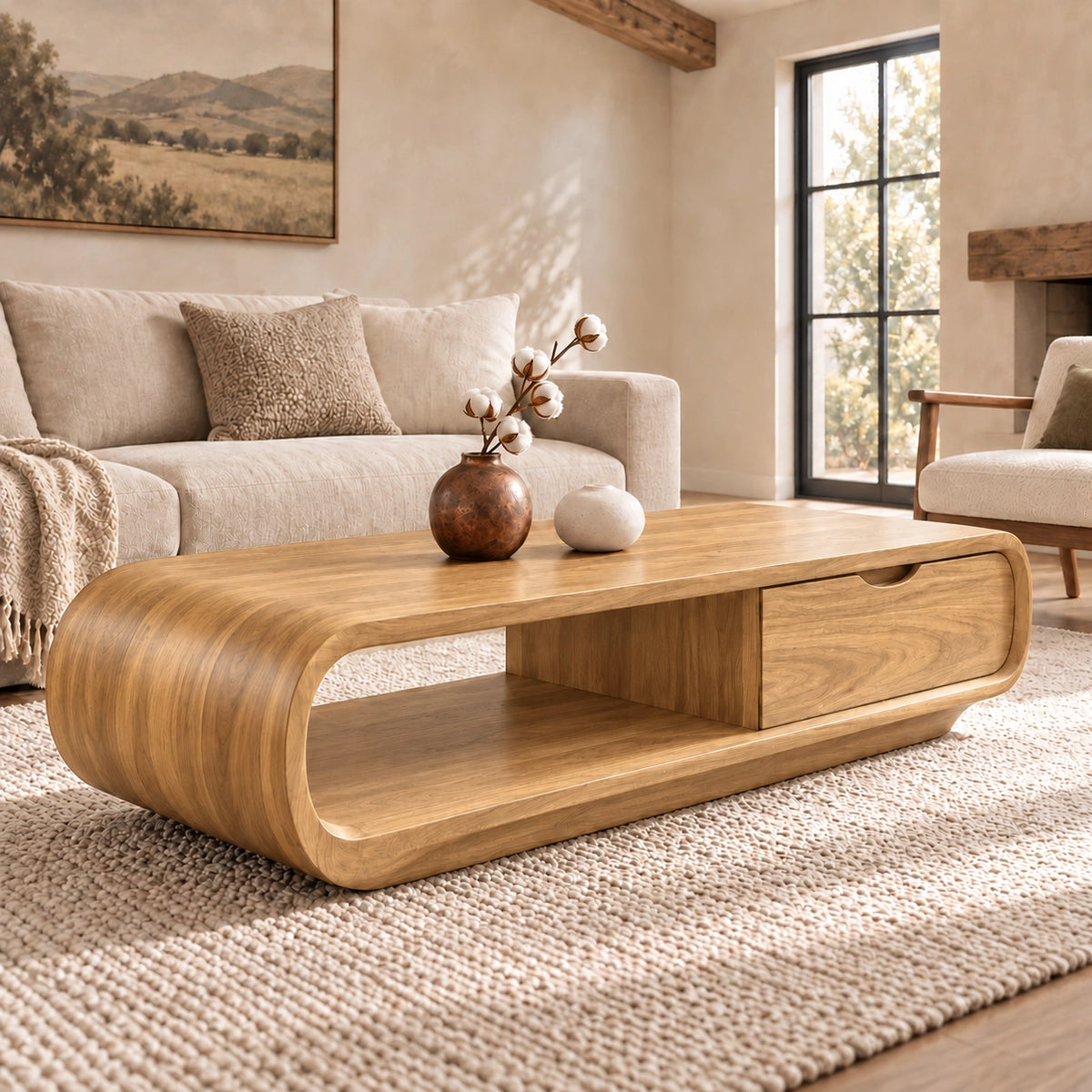 Coffee Table with Storage Drawer and Rounded Natural Solid Wood Base - Woodenecho - 8