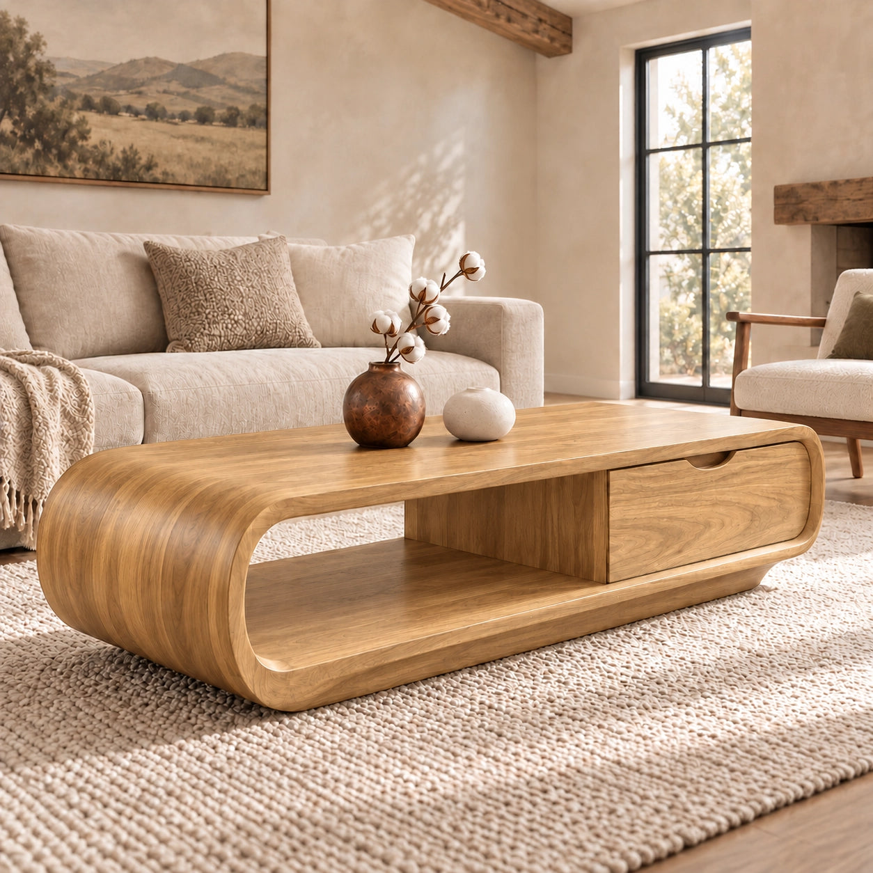 Coffee Table with Storage Drawer and Rounded Natural Solid Wood Base - Woodenecho - 8