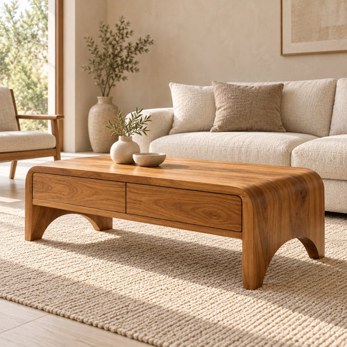 Coffee Table with Two Storage Drawers in Natural Solid Wood for Living - Woodenecho - 1