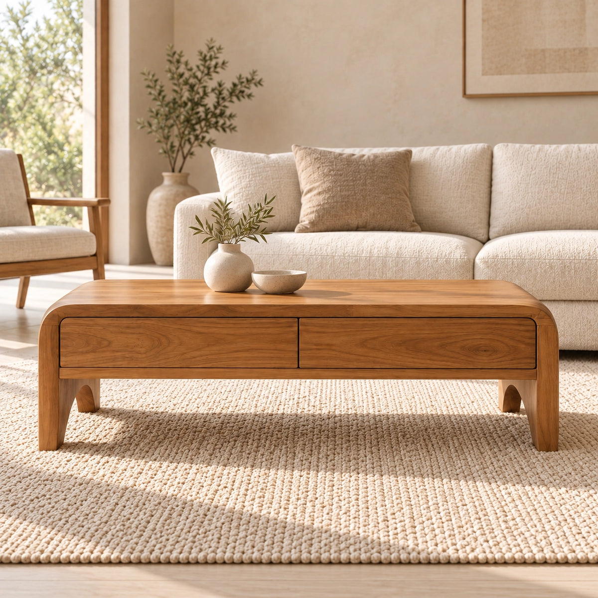 Coffee Table with Two Storage Drawers in Natural Solid Wood for Living - Woodenecho - 2