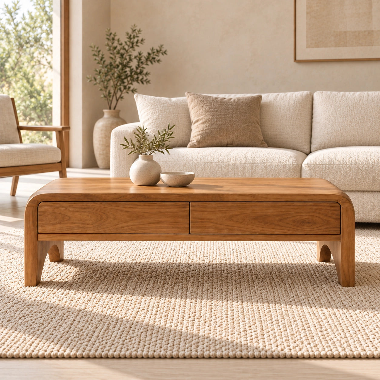 Coffee Table with Two Storage Drawers in Natural Solid Wood for Living - Woodenecho - 2