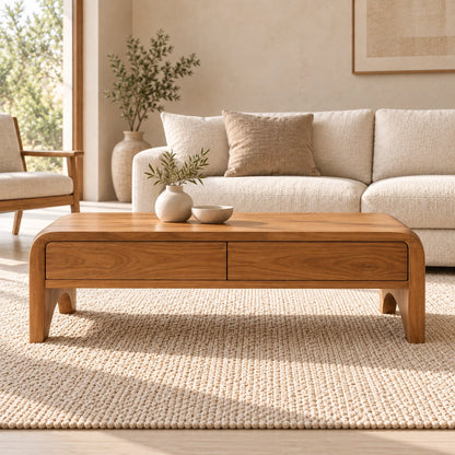 Coffee Table with Two Storage Drawers in Natural Solid Wood for Living - Woodenecho - 2