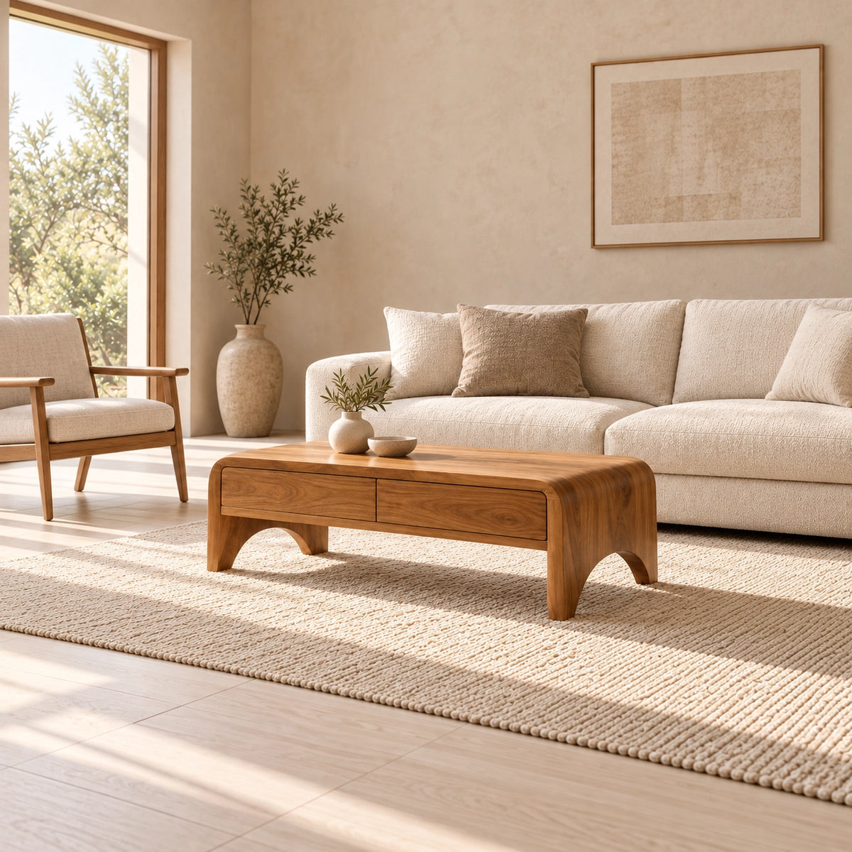 Coffee Table with Two Storage Drawers in Natural Solid Wood for Living - Woodenecho - 3