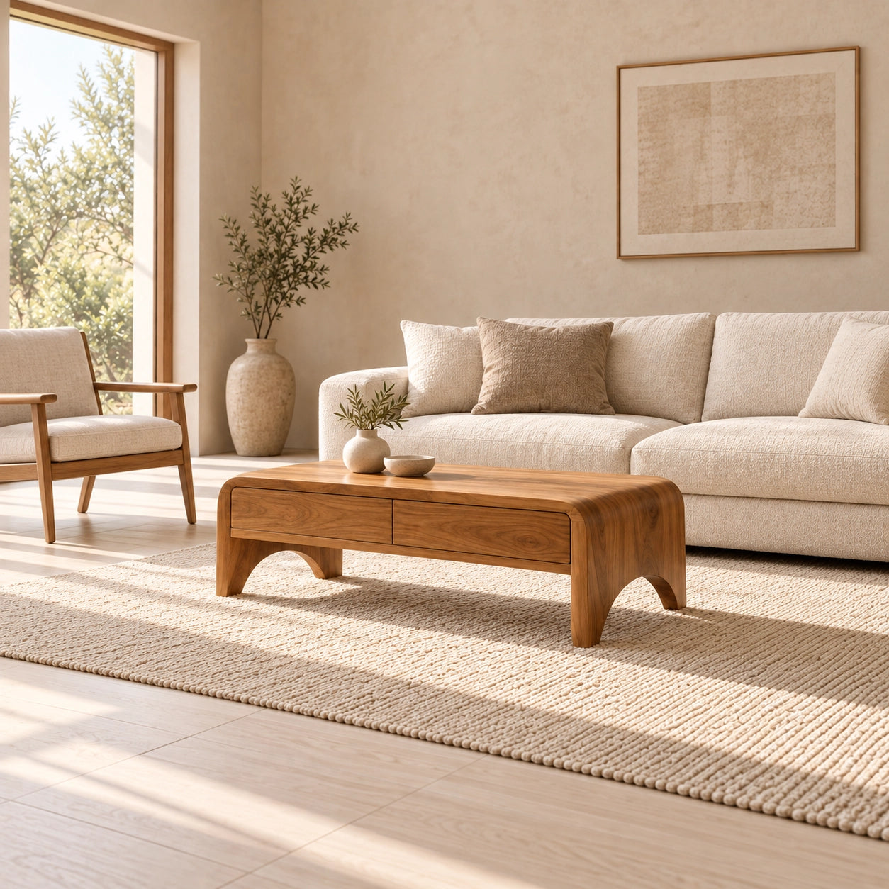 Coffee Table with Two Storage Drawers in Natural Solid Wood for Living - Woodenecho - 3