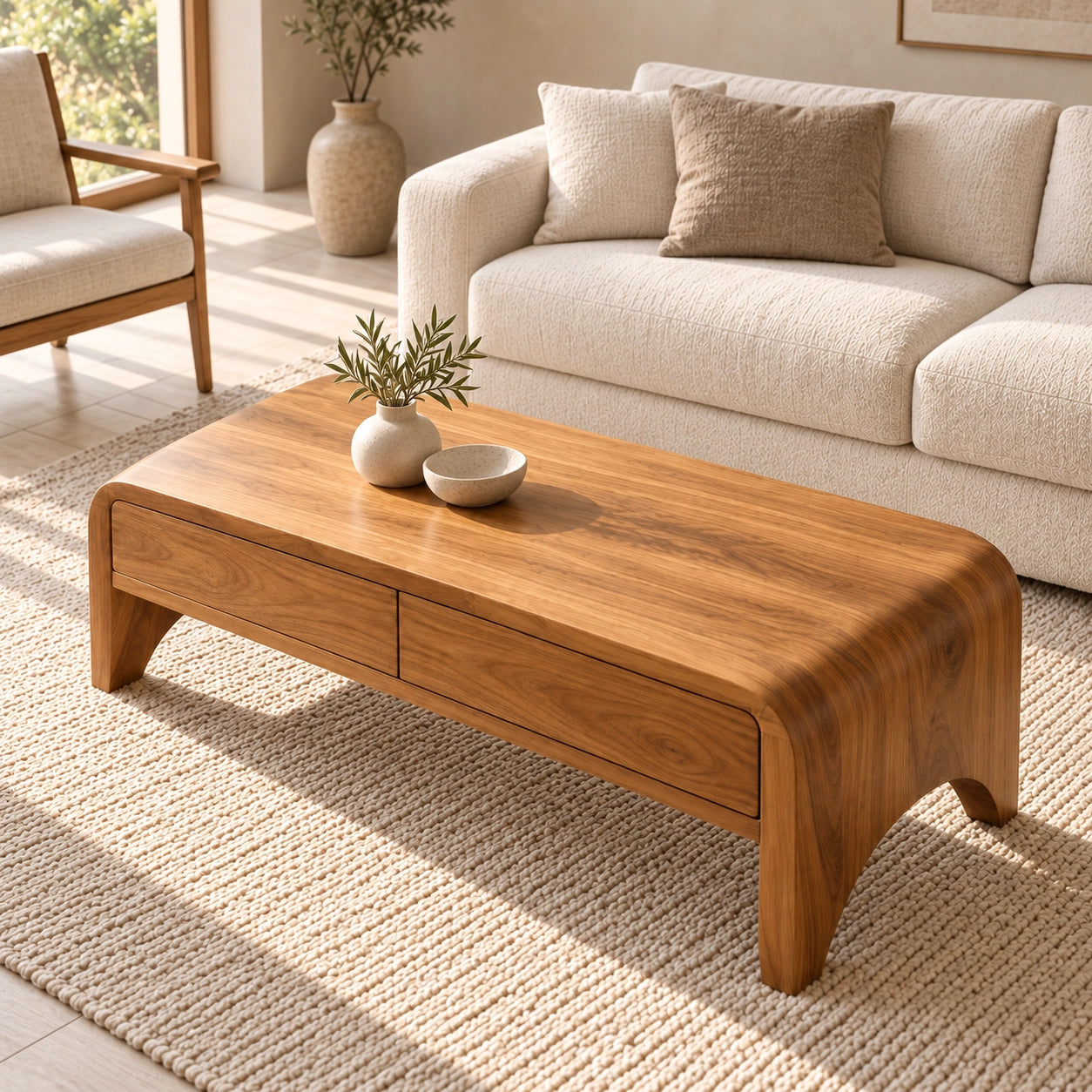 Coffee Table with Two Storage Drawers in Natural Solid Wood for Living - Woodenecho - 4