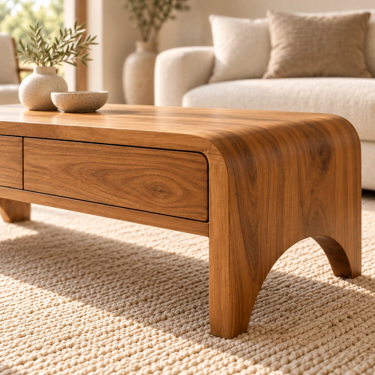 Coffee Table with Two Storage Drawers in Natural Solid Wood for Living - Woodenecho - 5