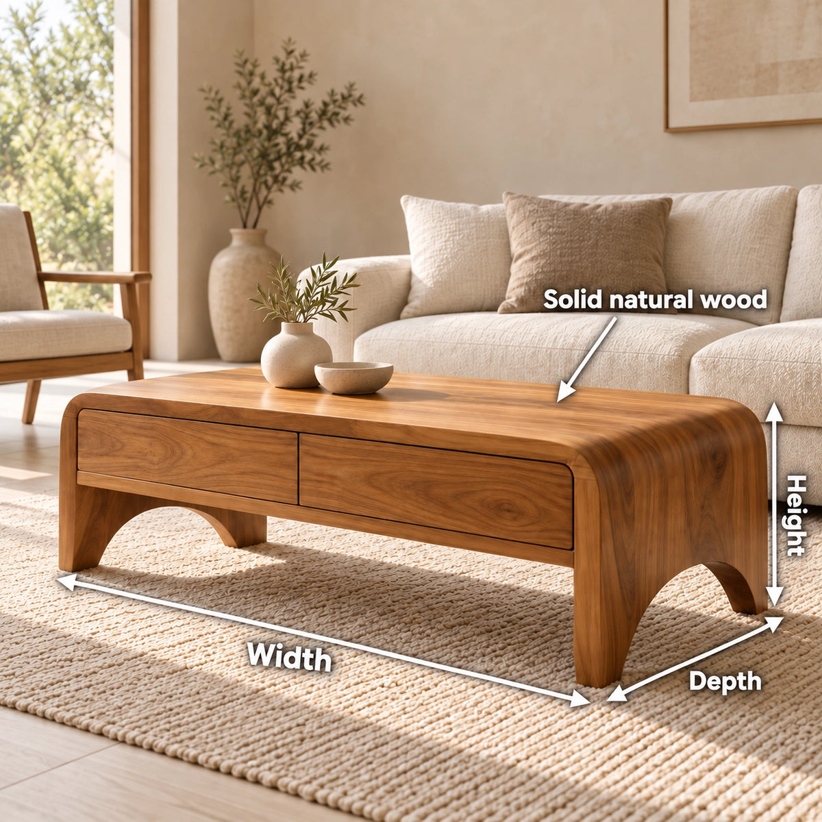 Coffee Table with Two Storage Drawers in Natural Solid Wood for Living - Woodenecho - 6