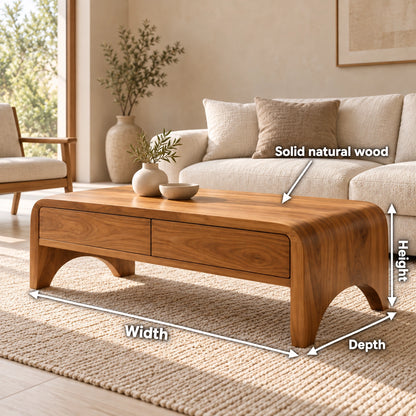 Coffee Table with Two Storage Drawers in Natural Solid Wood for Living - Woodenecho - 6