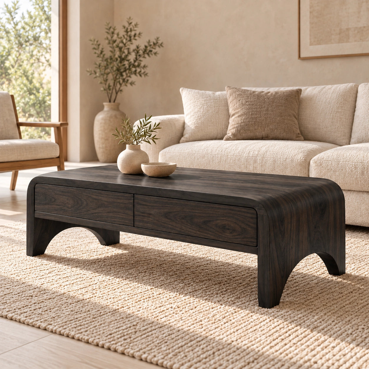 Coffee Table with Two Storage Drawers in Natural Solid Wood for Living - Woodenecho - 7