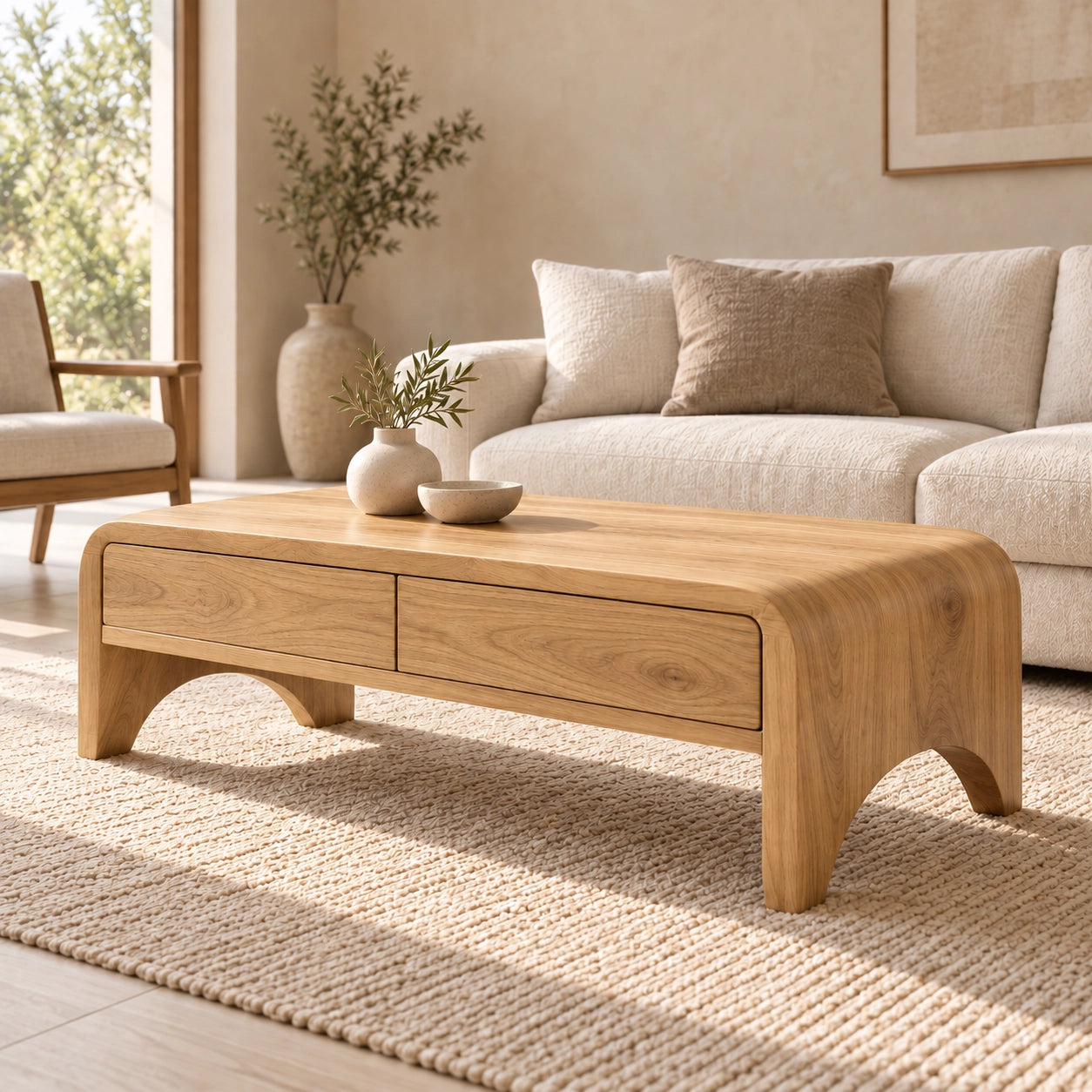 Coffee Table with Two Storage Drawers in Natural Solid Wood for Living - Woodenecho - 8