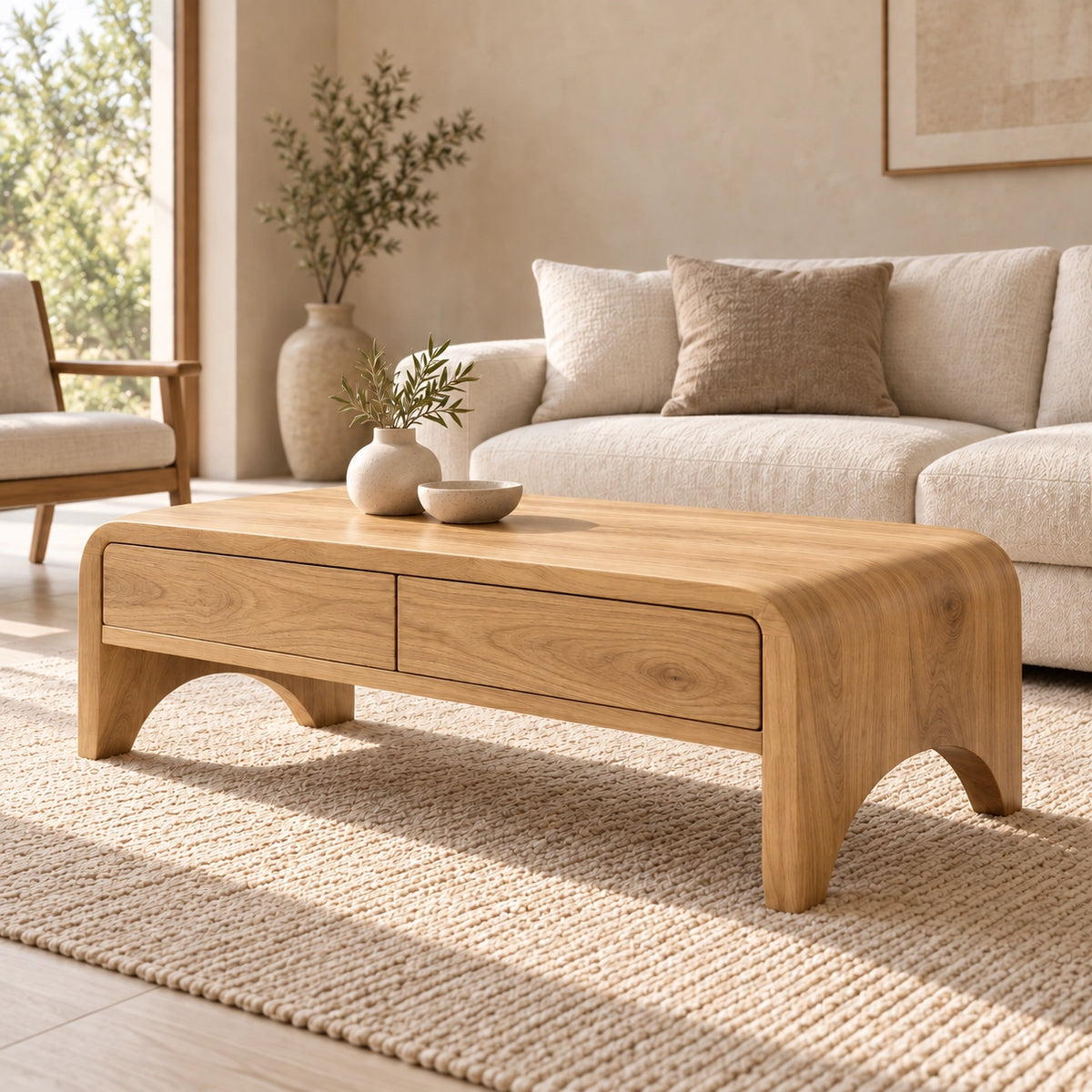 Coffee Table with Two Storage Drawers in Natural Solid Wood for Living - Woodenecho - 8