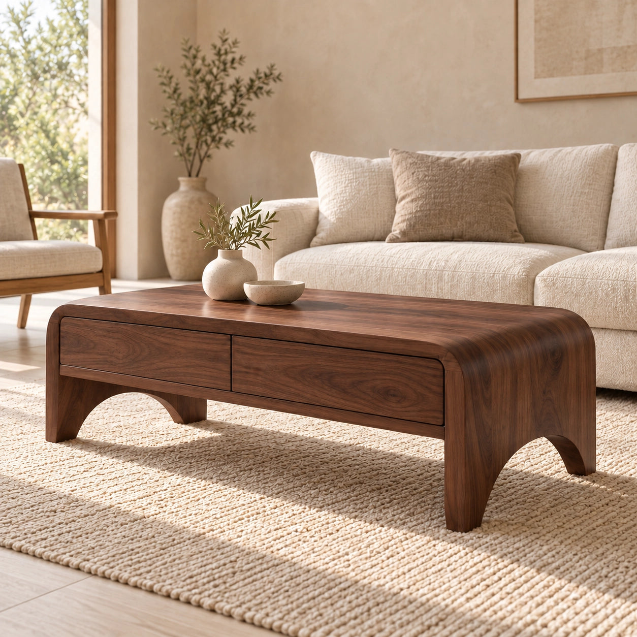 Coffee Table with Two Storage Drawers in Natural Solid Wood for Living - Woodenecho - 9