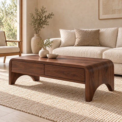 Coffee Table with Two Storage Drawers in Natural Solid Wood for Living - Woodenecho - 9