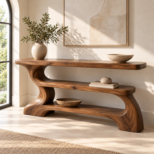 Console Table with Biomorphic Curved Wood Base in Natural Solid Wood - Woodenecho - 1