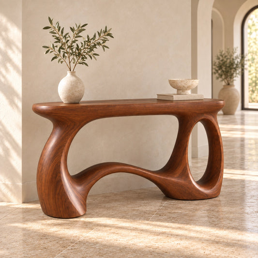 Console Table with Biomorphic Curved Wood Base in Natural Solid Wood - Woodenecho - 1