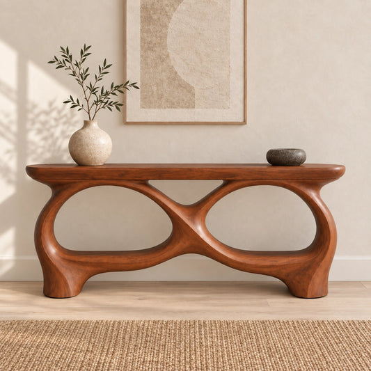 Console Table with Biomorphic Curved Wood Base in Natural Solid Wood - Woodenecho - 1