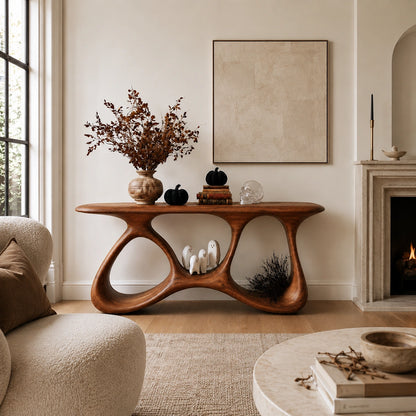 Console Table with Biomorphic Open Nooks in Natural Solid Wood for Entryways - Woodenecho - 1