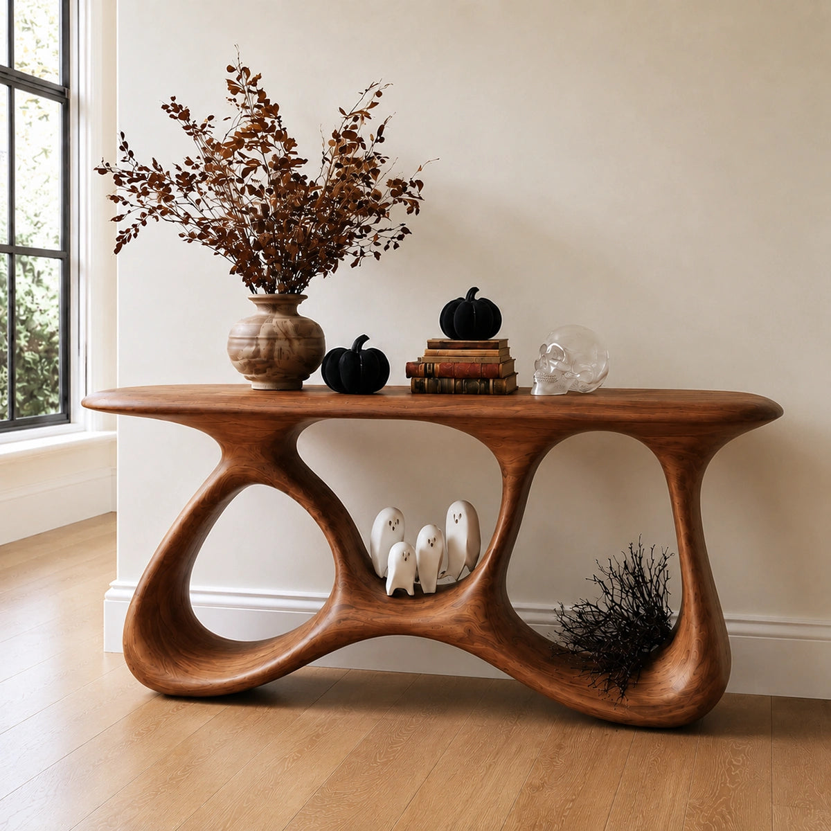 Console Table with Biomorphic Open Nooks in Natural Solid Wood for Entryways - Woodenecho - 2
