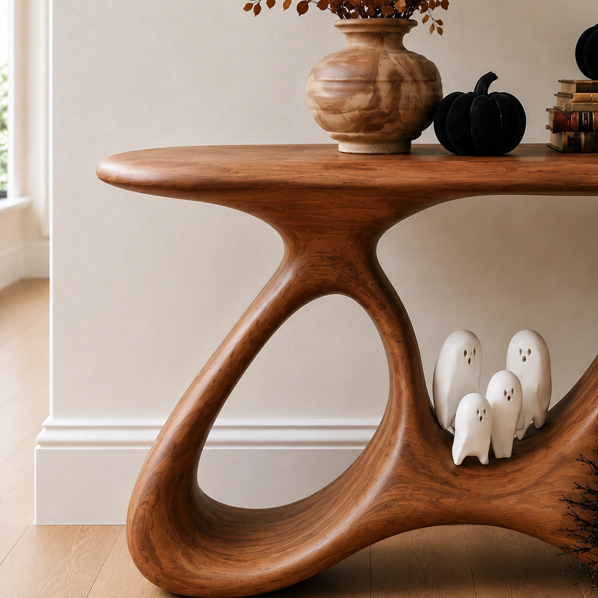 Console Table with Biomorphic Open Nooks in Natural Solid Wood for Entryways - Woodenecho - 3