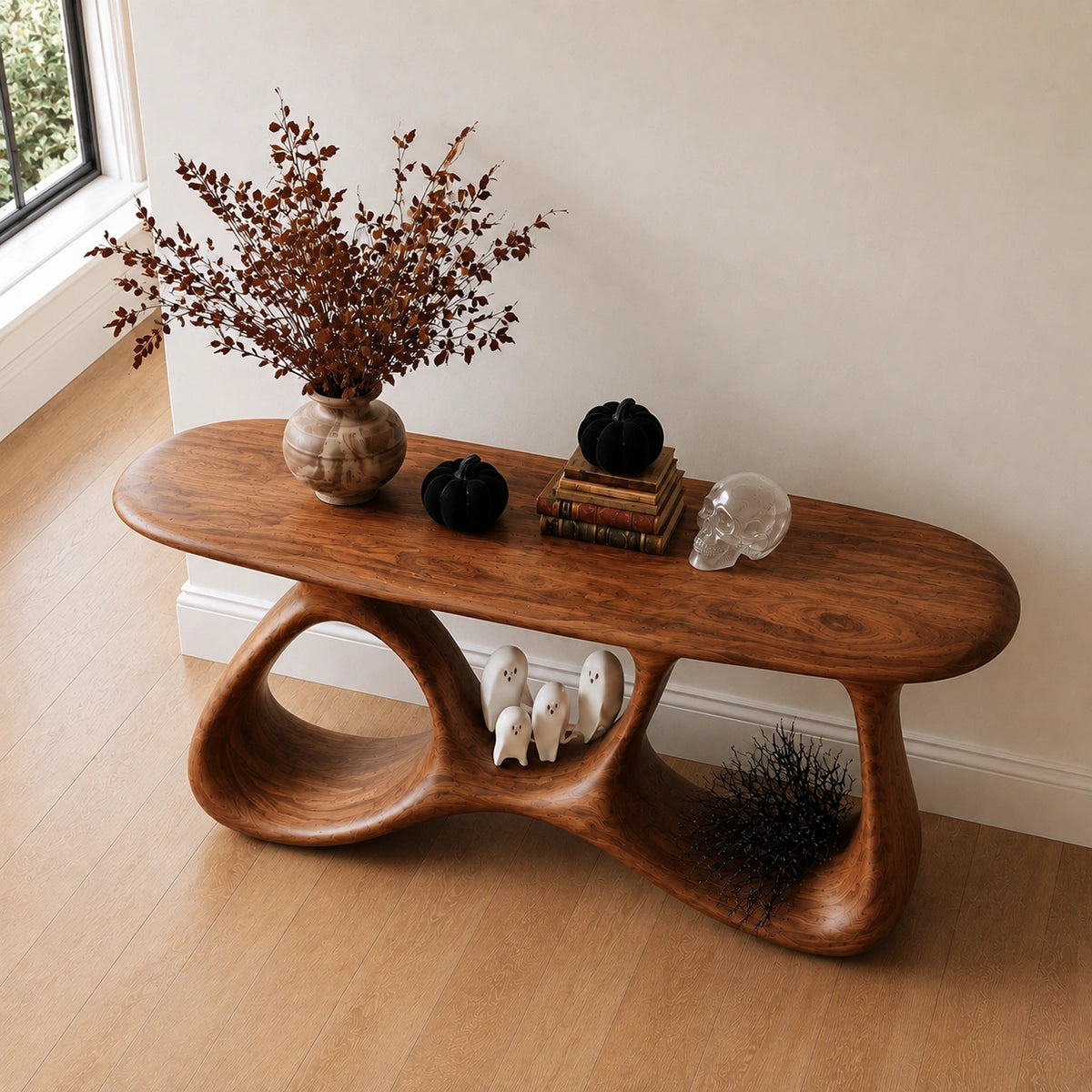 Console Table with Biomorphic Open Nooks in Natural Solid Wood for Entryways - Woodenecho - 4