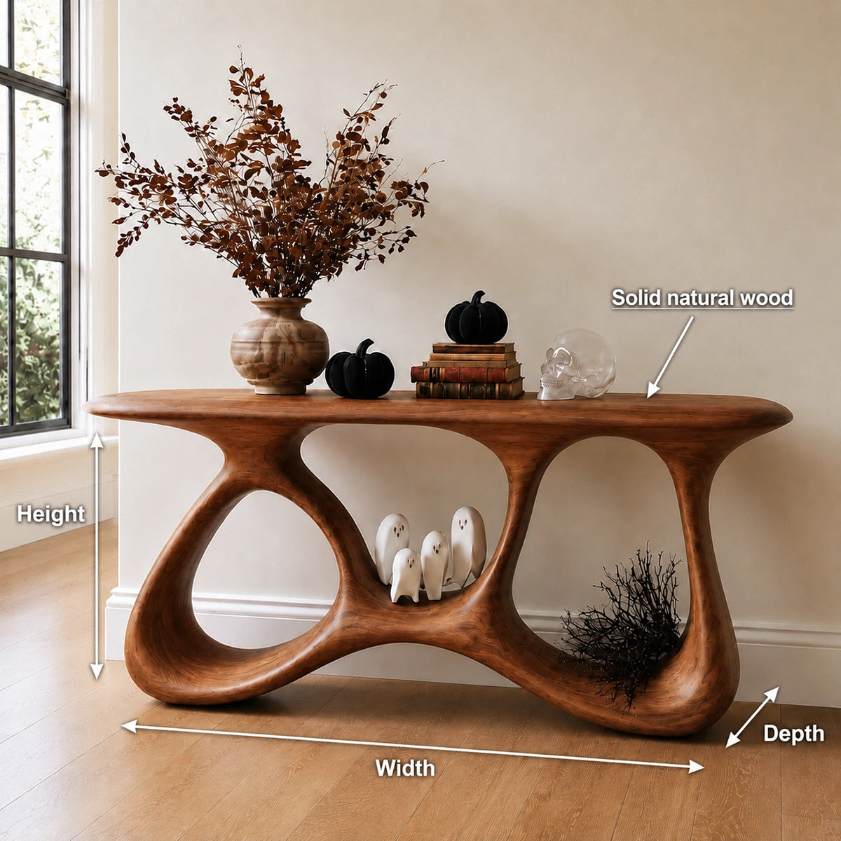 Console Table with Biomorphic Open Nooks in Natural Solid Wood for Entryways - Woodenecho - 5