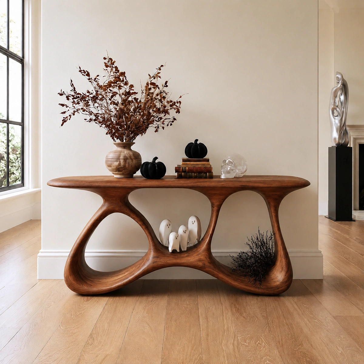 Console Table with Biomorphic Open Nooks in Natural Solid Wood for Entryways - Woodenecho - 6