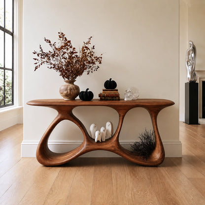 Console Table with Biomorphic Open Nooks in Natural Solid Wood for Entryways - Woodenecho - 6