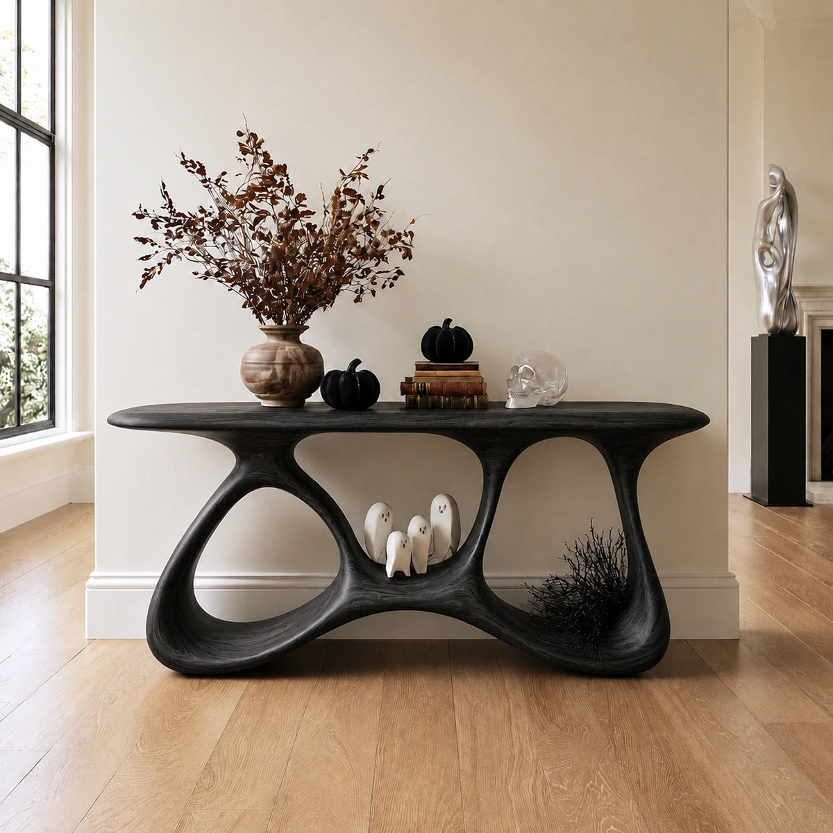 Console Table with Biomorphic Open Nooks in Natural Solid Wood for Entryways - Woodenecho - 7