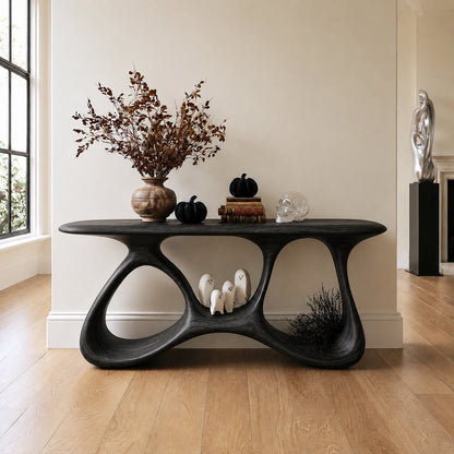 Console Table with Biomorphic Open Nooks in Natural Solid Wood for Entryways - Woodenecho - 7