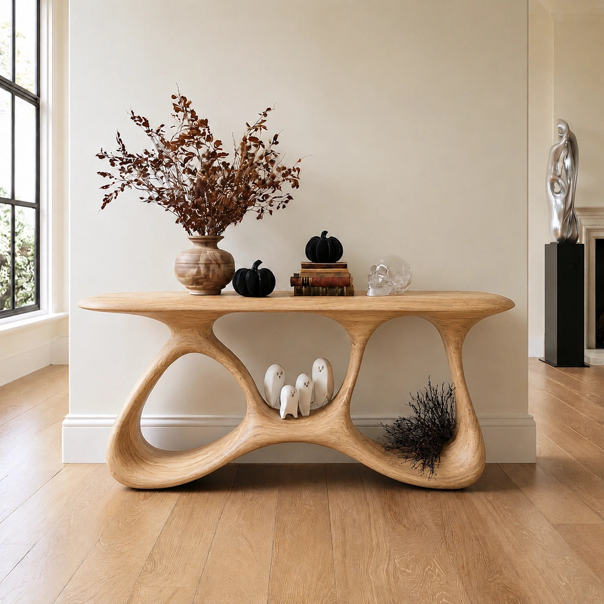 Console Table with Biomorphic Open Nooks in Natural Solid Wood for Entryways - Woodenecho - 8
