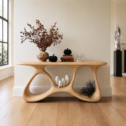 Console Table with Biomorphic Open Nooks in Natural Solid Wood for Entryways - Woodenecho - 8