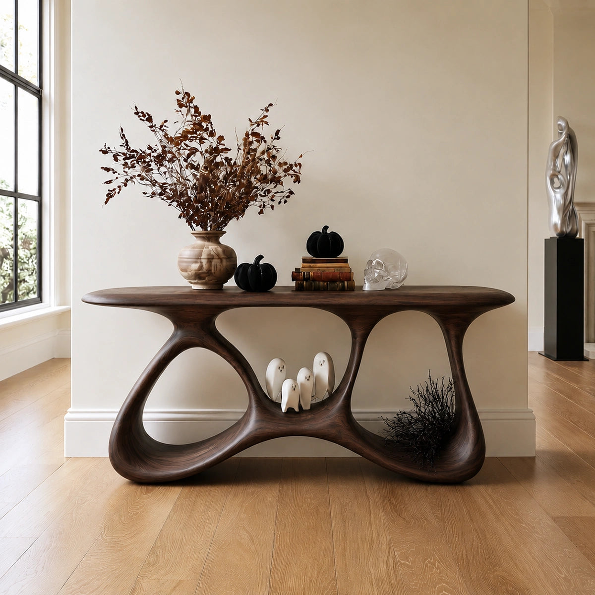 Console Table with Biomorphic Open Nooks in Natural Solid Wood for Entryways - Woodenecho - 9