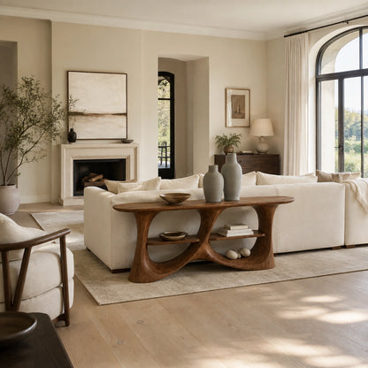 Console Table with Biomorphic Open Shelves in Natural Solid Wood. - Woodenecho - 1