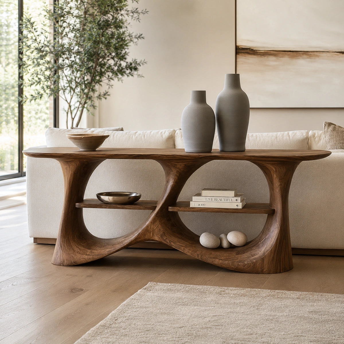 Console Table with Biomorphic Open Shelves in Natural Solid Wood. - Woodenecho - 2