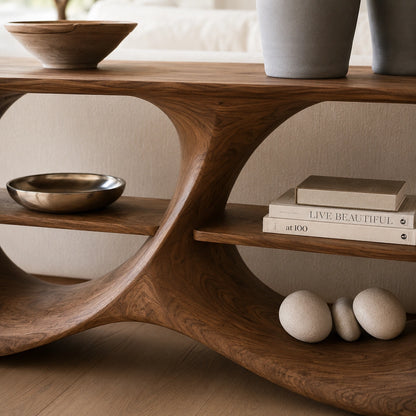 Console Table with Biomorphic Open Shelves in Natural Solid Wood. - Woodenecho - 3