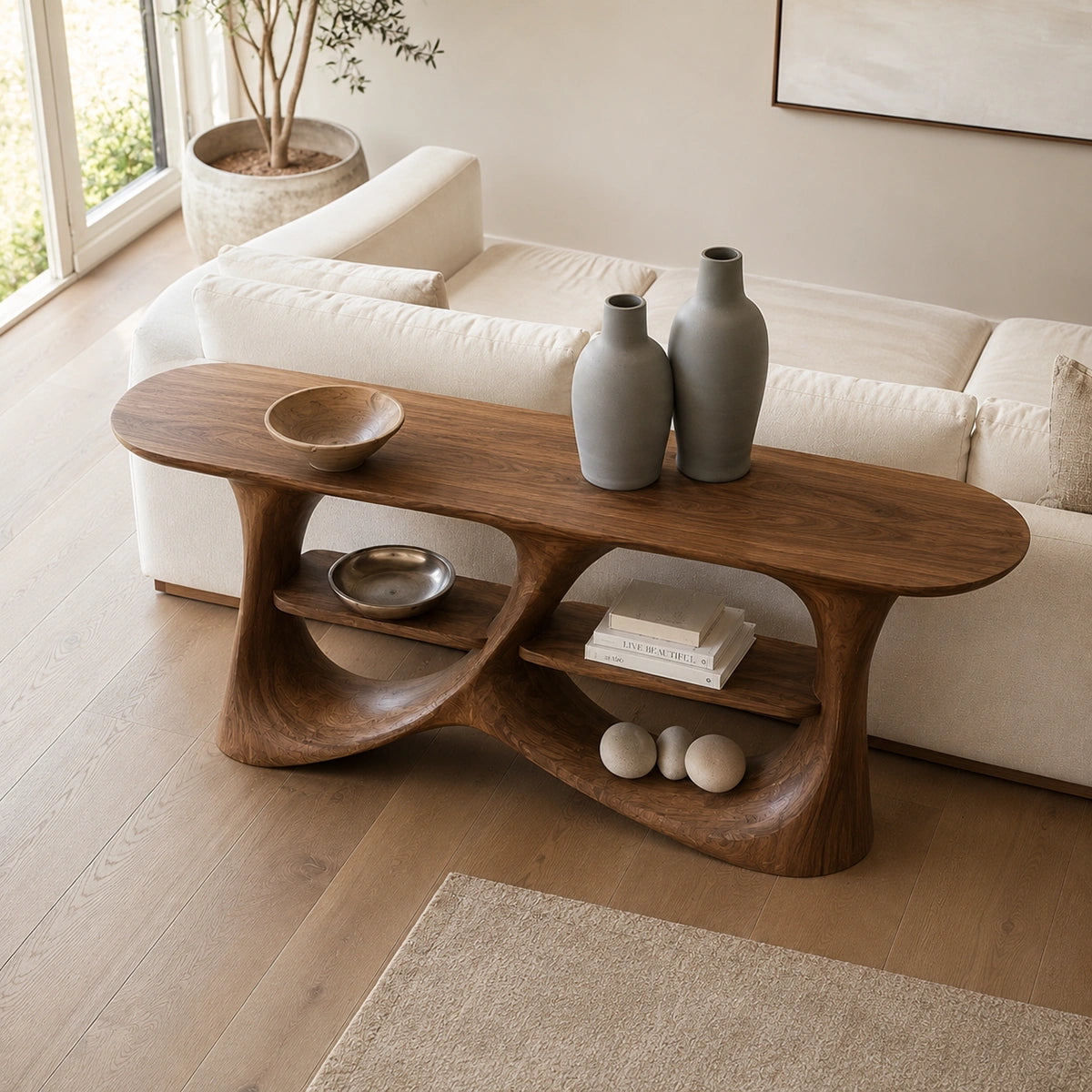 Console Table with Biomorphic Open Shelves in Natural Solid Wood. - Woodenecho - 4