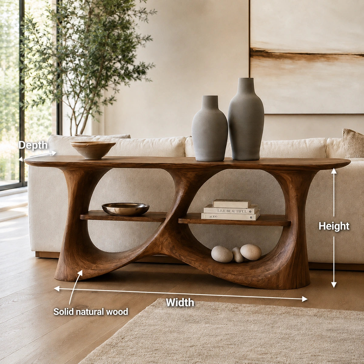 Console Table with Biomorphic Open Shelves in Natural Solid Wood. - Woodenecho - 5