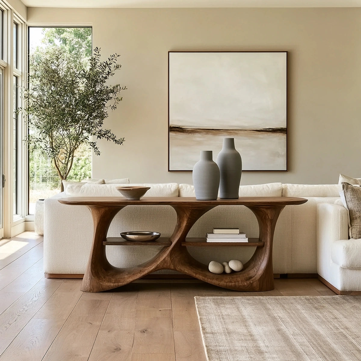 Console Table with Biomorphic Open Shelves in Natural Solid Wood. - Woodenecho - 6