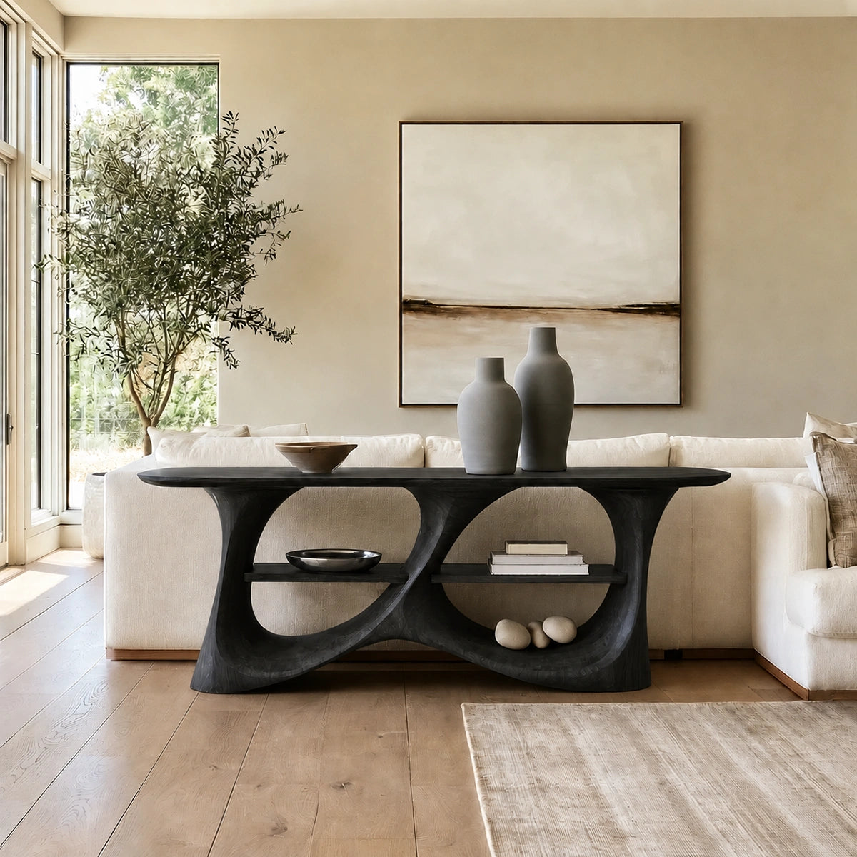 Console Table with Biomorphic Open Shelves in Natural Solid Wood. - Woodenecho - 7