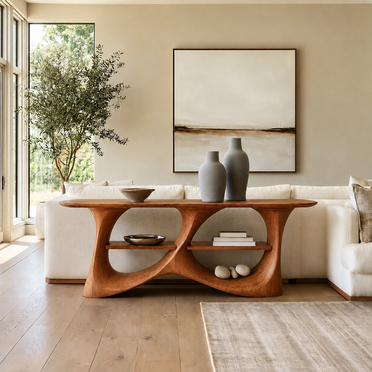 Console Table with Biomorphic Open Shelves in Natural Solid Wood. - Woodenecho - 8