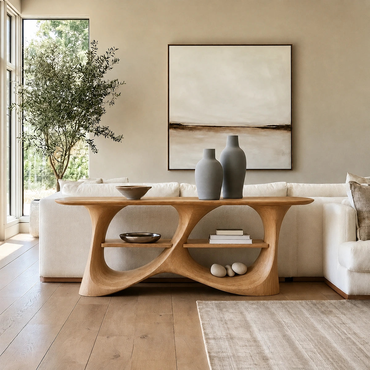 Console Table with Biomorphic Open Shelves in Natural Solid Wood. - Woodenecho - 9