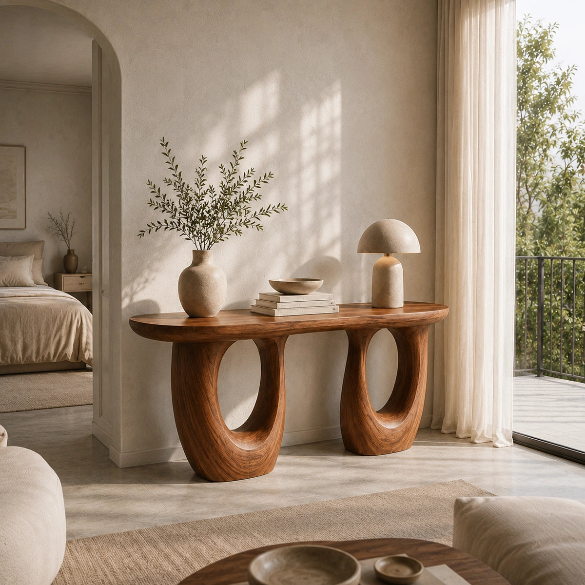 Console Table with Biomorphic Oval Cutouts in Natural Solid Wood. - Woodenecho - 1