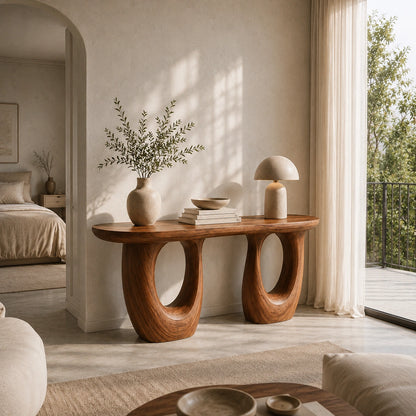 Console Table with Biomorphic Oval Cutouts in Natural Solid Wood. - Woodenecho - 1