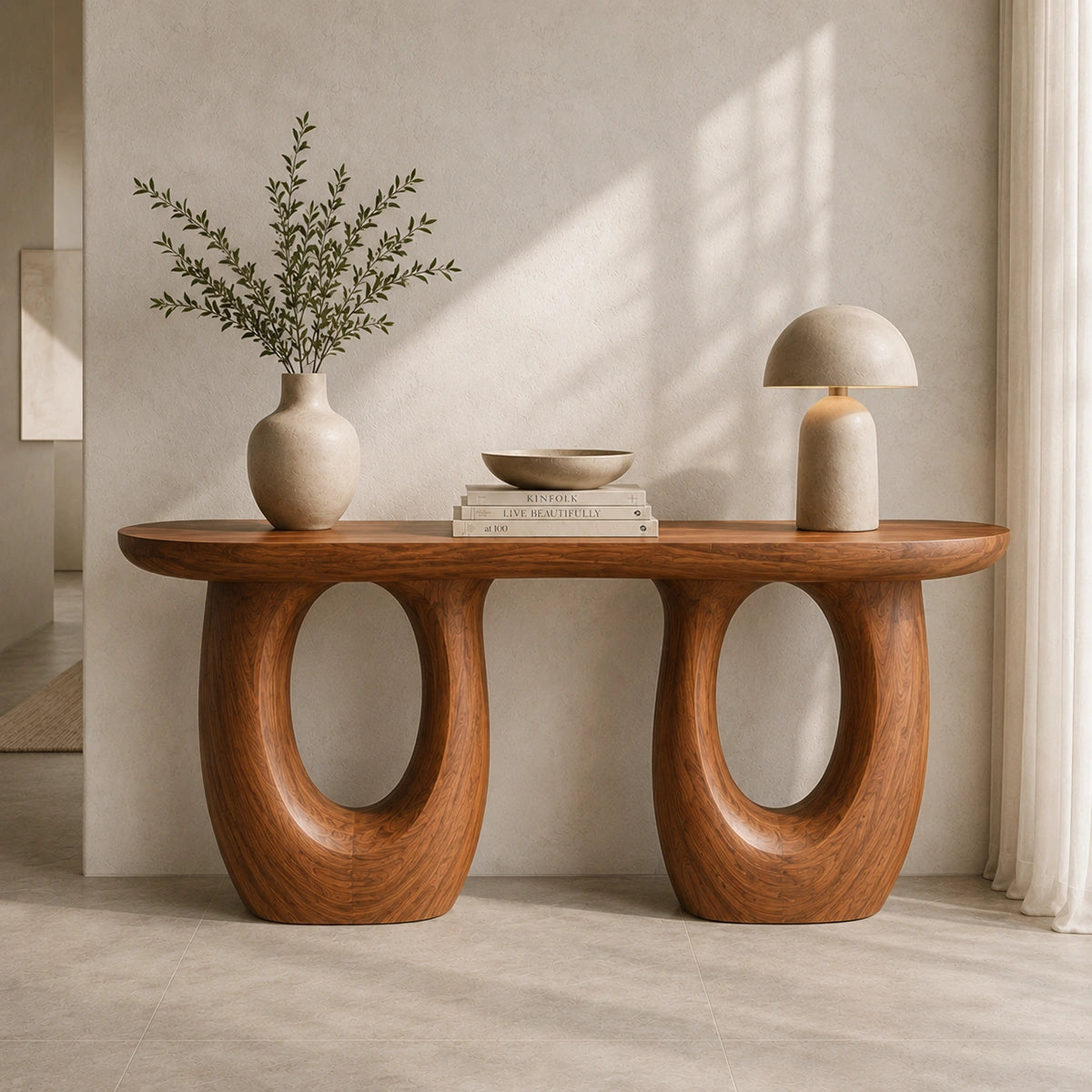 Console Table with Biomorphic Oval Cutouts in Natural Solid Wood. - Woodenecho - 2