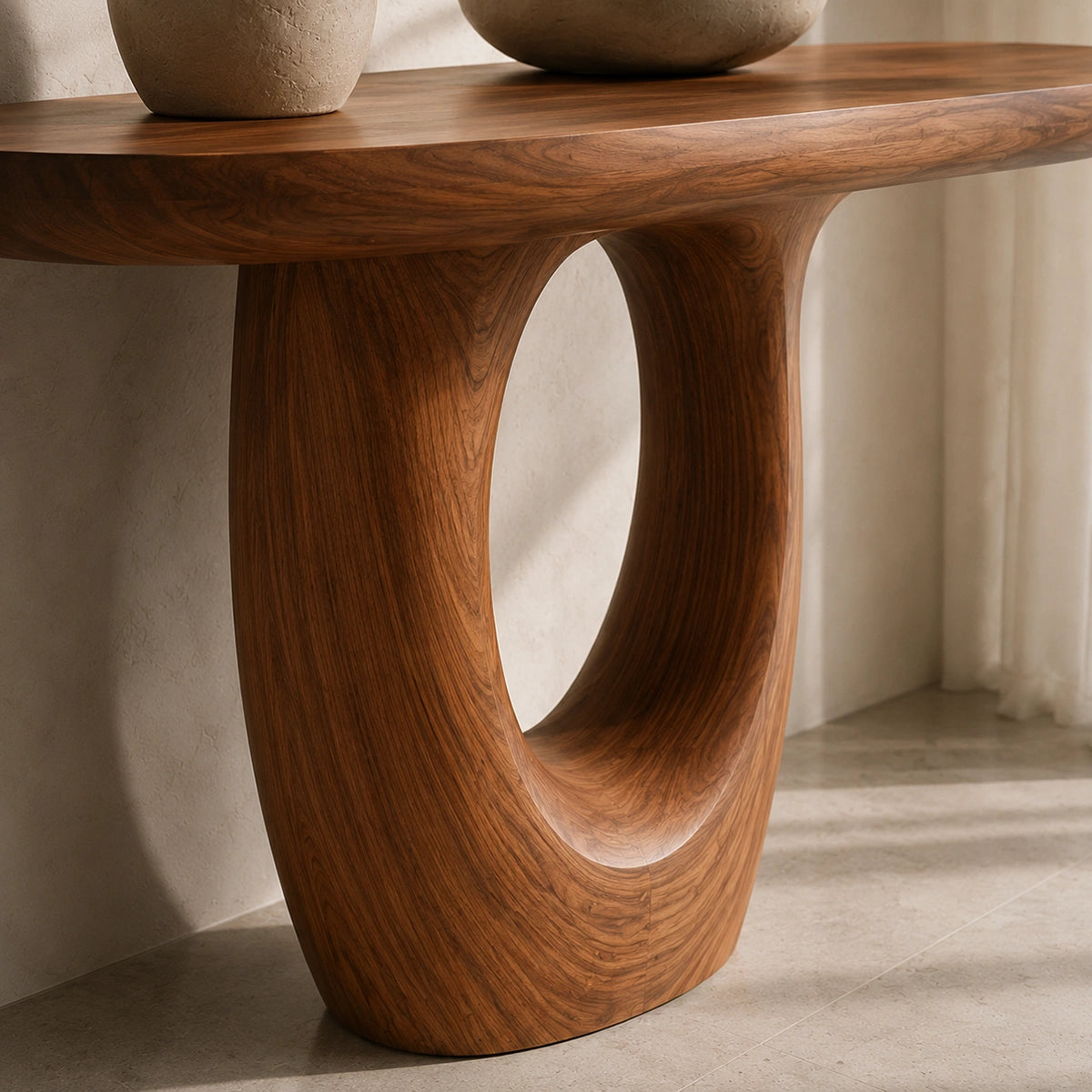 Console Table with Biomorphic Oval Cutouts in Natural Solid Wood. - Woodenecho - 3