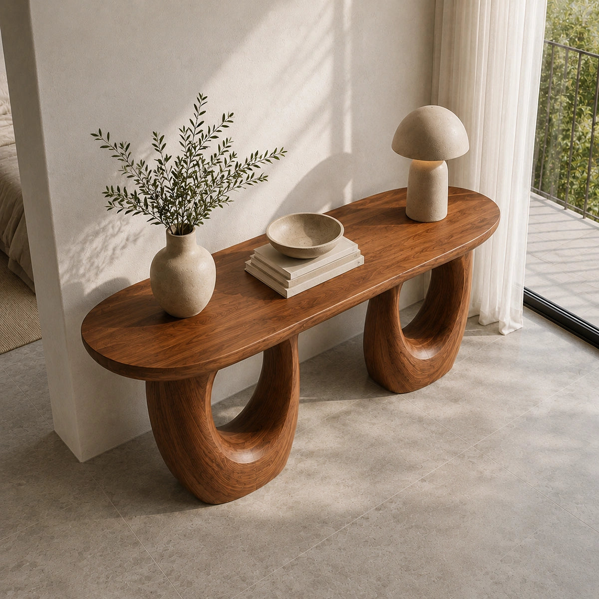 Console Table with Biomorphic Oval Cutouts in Natural Solid Wood. - Woodenecho - 4